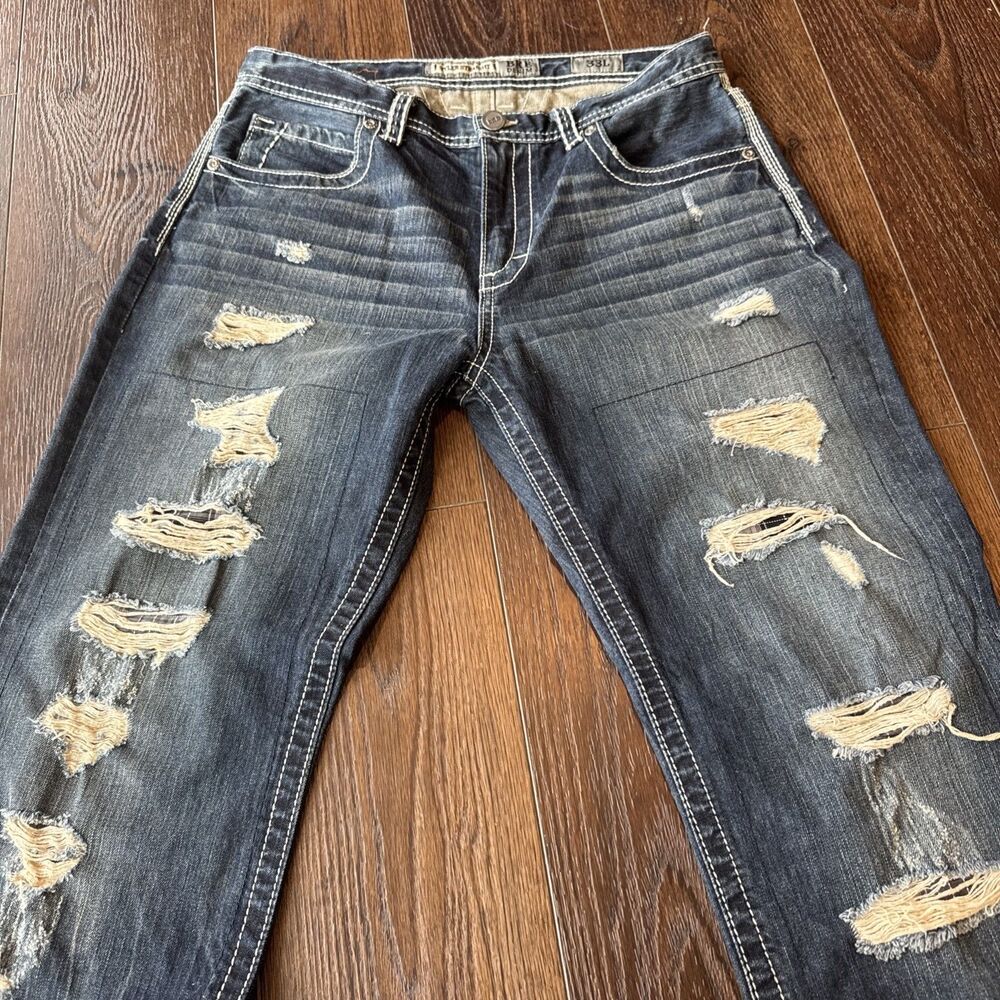 BKE Tyler Jeans Mens 33L (33x34) Blue Stretch Denim Mid Straight Leg Distressed